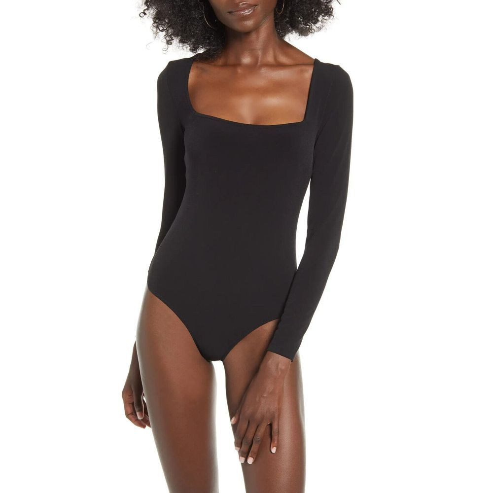 LEITH Womens Square Neck Long Sleeve Thong Bodysuit Black Size XXS‎